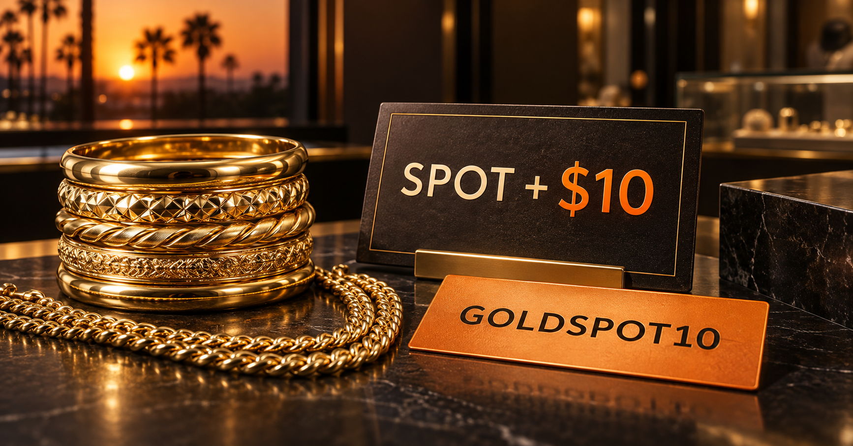 Gold bangles and chain displayed beside Spot plus ten dollars and GOLDSPOT10 offer cards