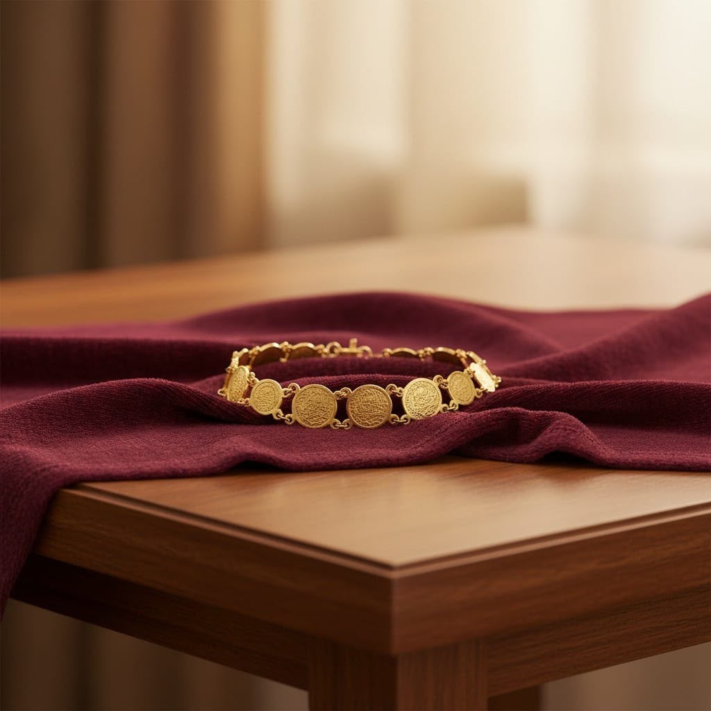 Gold bracelet with circular details on burgundy velvet