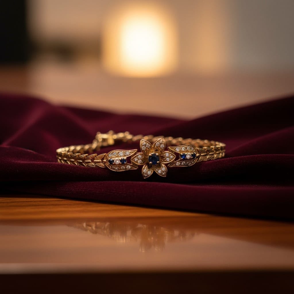 Gold floral bracelet with blue stones